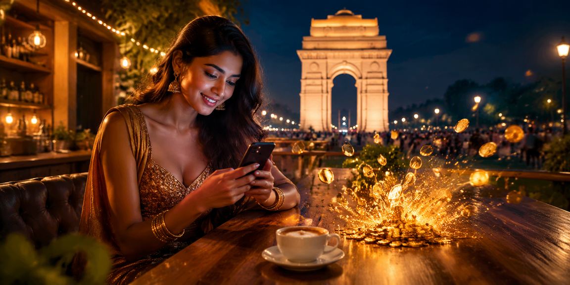 Woman enjoying live casino games on mobile at India Gate Delhi