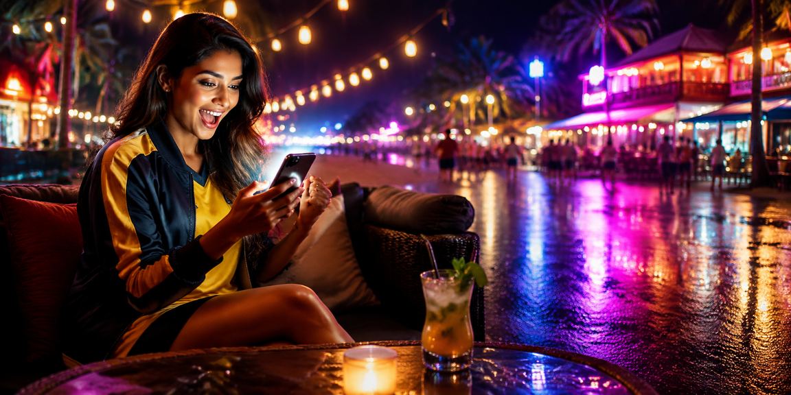 People playing live casino games on the beach with mobile devices in India