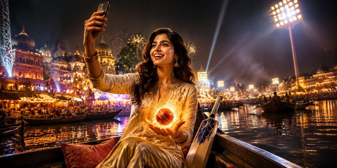 Indian cricket fan placing bets via mobile app wearing traditional kurti